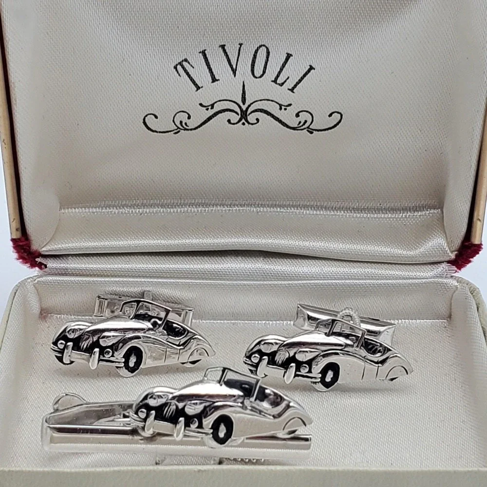 Swank Convertible Cufflinks Tie Clip Silver Tone Tivoli Bar Clasp Classic Car